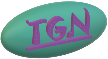 Green oval with purple capitalized letters, TGN