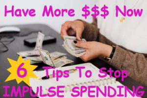 Hands on a black table top holding a stack of money, sliding the top bill off from the rest of the stack. On table in front of hands holding stack of money is loose cash next to an open notebook with a pen laying across the paper of the notebook.  Have more $$$ Now 6 Tips to Stop Impulse Spending