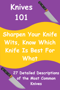 Purple rectangle with a chef knife in top right and bottom left corner. At tope white text reads "Knives 101". A wave of bright yellow streaks across the center of  the purple rectangle with white text reading, "Sharpen Your Knife Wits, Know Which Knife Is Best For What". At bottom of rectangle  white text reads "27 Detailed Descriptions of the Most Common Knives".