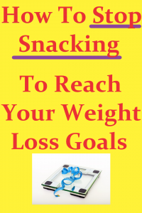 Bright yellow rectangle with glass bathroom scale and a measuring tape ribbon on scale in bottom center of rectangle. Above scale Large Red Text reads How To Stop Snacking To Reach Your Weight Loss Goals
