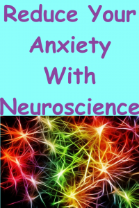 Brightly Lit Up Nerves in orange, green, red, purple, and yellow on a black background. Above nerves large purple text on a sky blue background reads Reduce Your Anxiety With Neuroscience