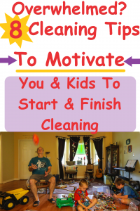 Two little boys sitting on hardwood floor across from each other with a bucket of Legos dumped in-between them. Array of other toys are scattered on the floor around the boys. Above image of children playing large red text on white background reads Overwhelmed? 8 Cleaning Tips To Motivate You & Kids To Start & Finish Cleaning