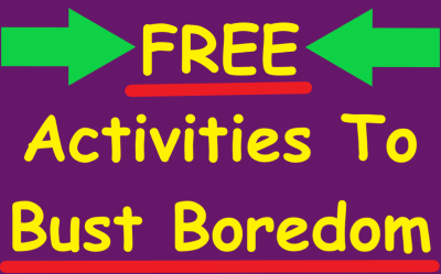purple rectangle with green arrows on the top to corners pointing in towards yellow text that reads FREE Activities To Bust Boredom, underlined in red.