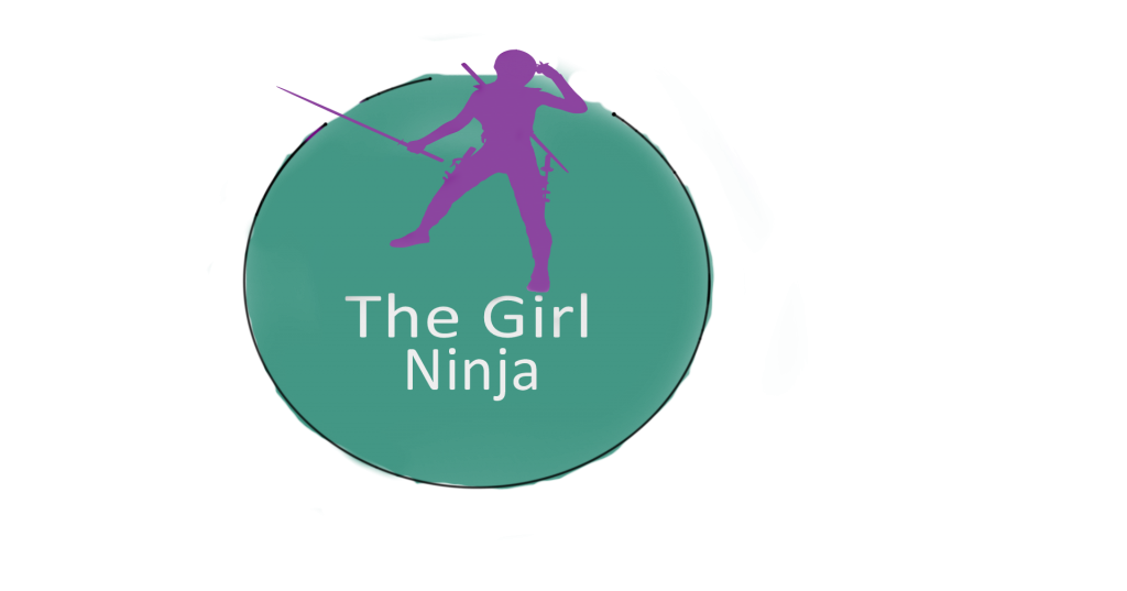 purple figure of a woman in tactical gear placed in upper center of teal circle. Beneath woman white text reads The Girl Ninja