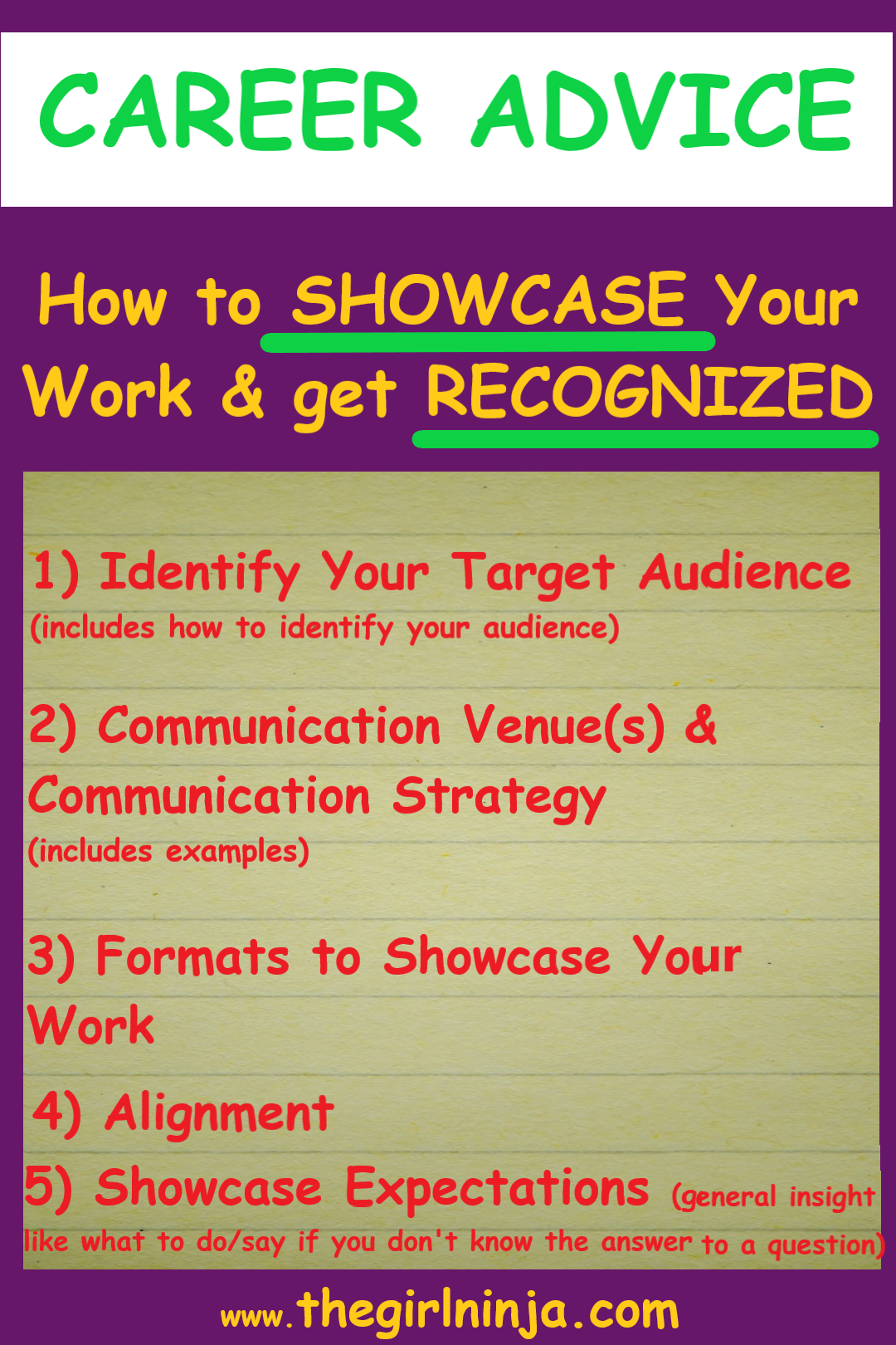 purple rectangle with green text across the top that reads CAREER ADVICE. Yellow text reads How to SHOWCASE Your Work & Get RECOGNIZED. Then on a yellow lined notebook paper red text reads 1) Identify your target audience, 2) Communication, 3) Formats, 4) Alignment, 5) Showcase Expectations. At bottom center yellow text reads www.thegirlninja.com